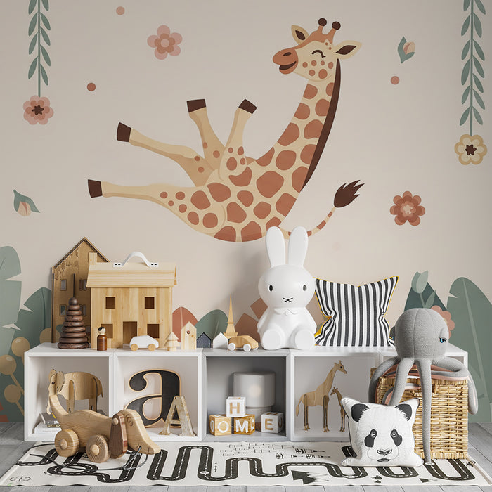 Babykamer behang | Vrolijke giraf tussen gekleurde bloemen en bladeren