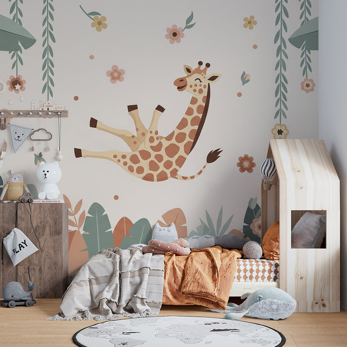 Babykamer behang | Vrolijke giraf tussen gekleurde bloemen en bladeren