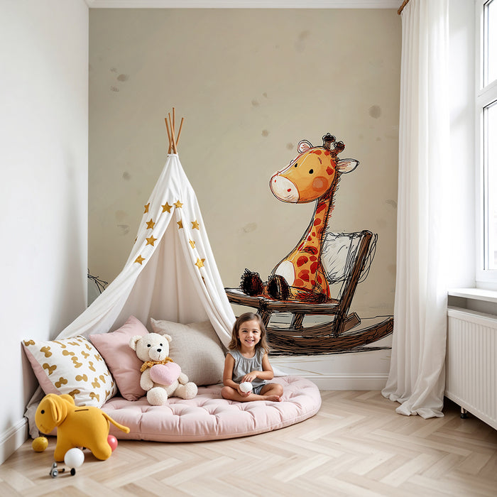 Nursery room wallpaper | Playful giraffe on a wooden swing