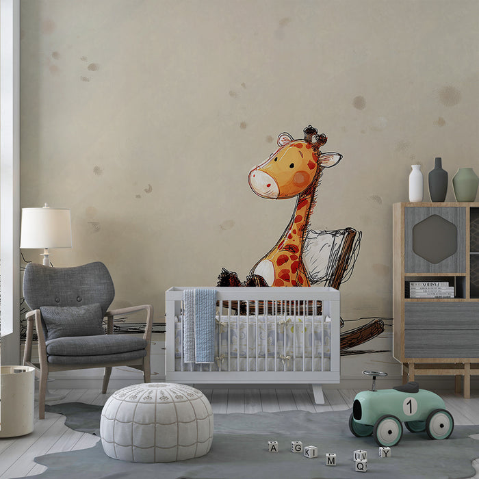 Nursery room wallpaper | Playful giraffe on a wooden swing