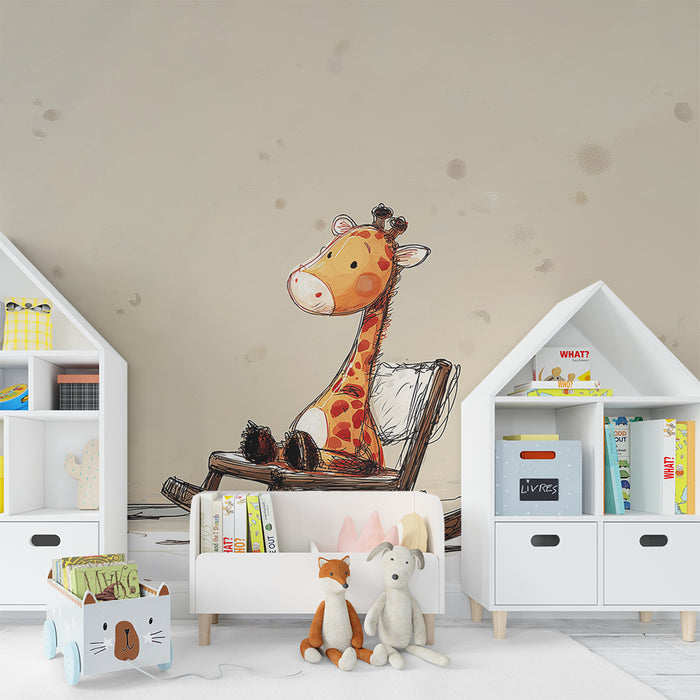 Nursery room wallpaper | Playful giraffe on a wooden swing