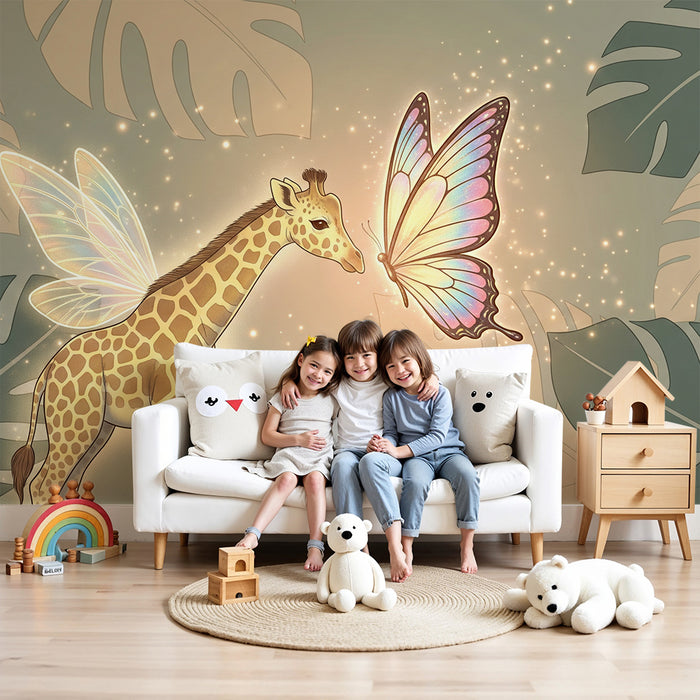 Lastenhuoneen tapetti | Taianomainen kirahvi ja perhonen satumaisessa ympäristössä