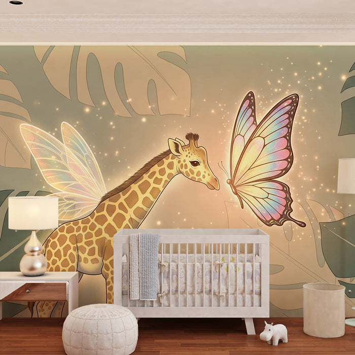 Lastenhuoneen tapetti | Taianomainen kirahvi ja perhonen satumaisessa ympäristössä