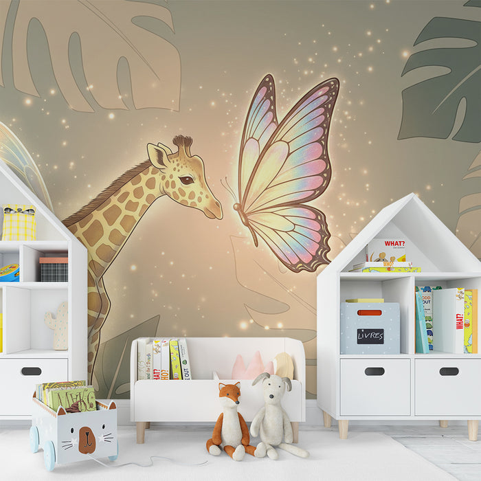 Lastenhuoneen tapetti | Taianomainen kirahvi ja perhonen satumaisessa ympäristössä