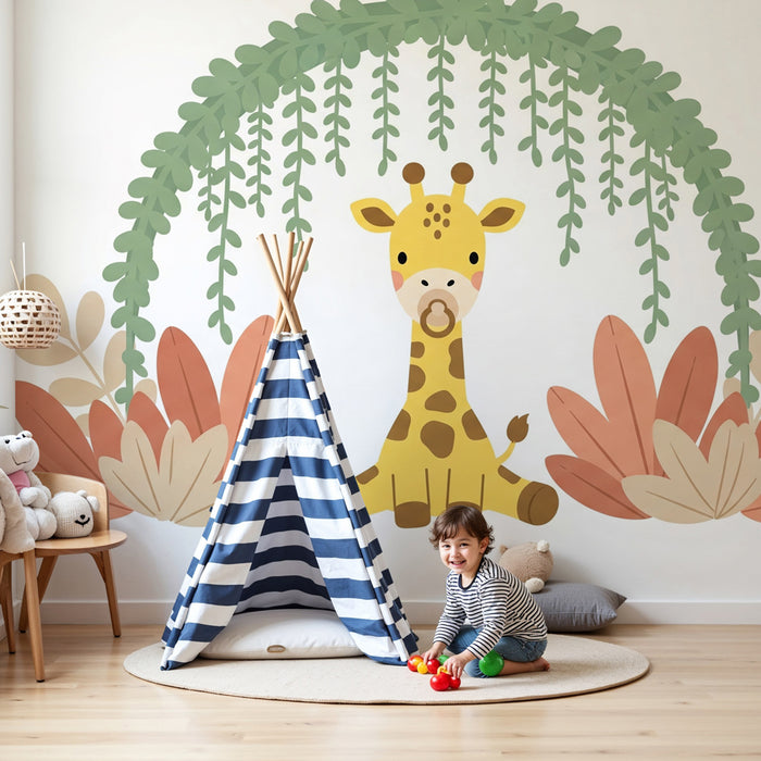Papel de parede quarto bebê | Girafa fofa no meio da selva