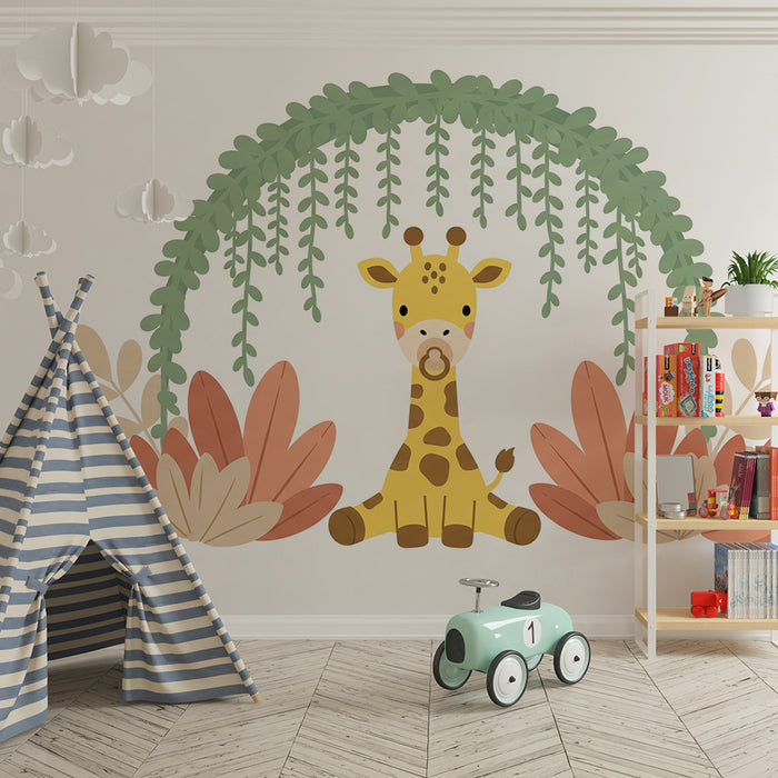 Papel de parede quarto bebê | Girafa fofa no meio da selva