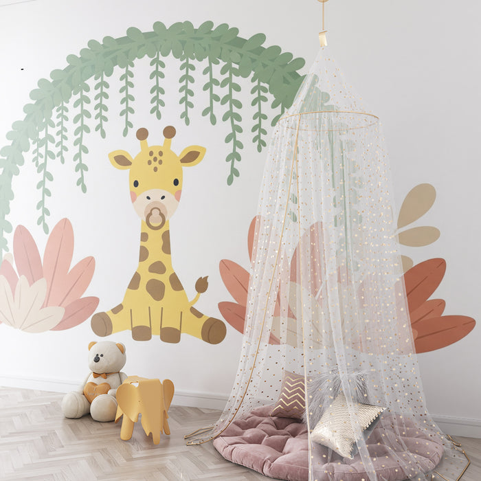 Papel de parede quarto bebê | Girafa fofa no meio da selva