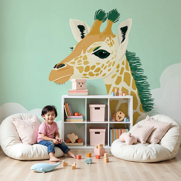 Papier peint chambre bébé | Girafe mignonne dans un ciel nuageux