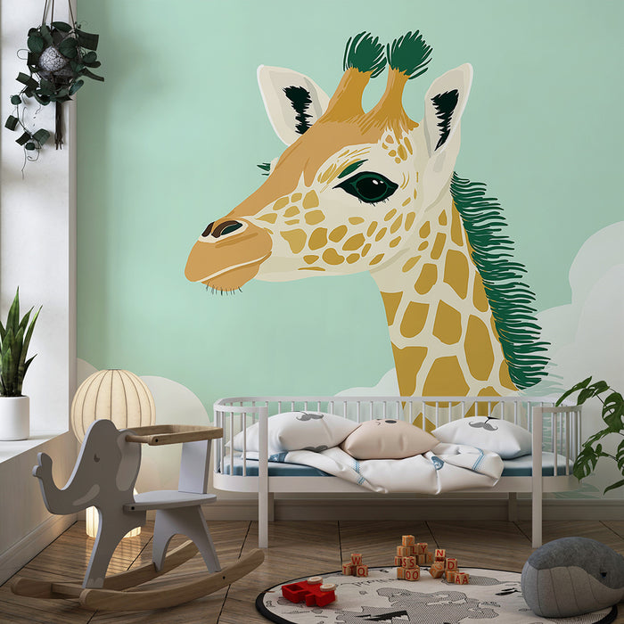 Papier peint chambre bébé | Girafe mignonne dans un ciel nuageux