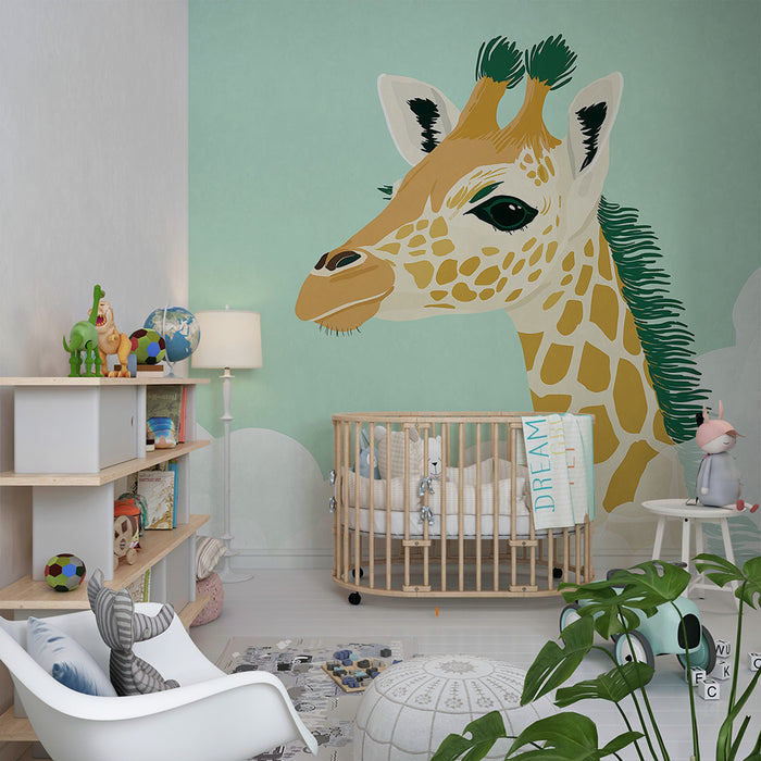 Papier peint chambre bébé | Girafe mignonne dans un ciel nuageux