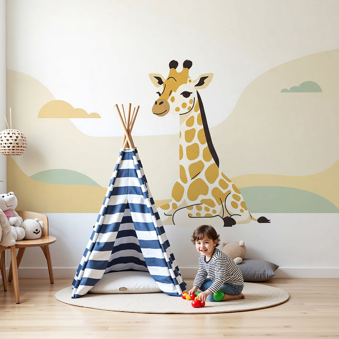 Babyzimmer Tapete | Niedliche Giraffe in einer sanften und beruhigenden Landschaft