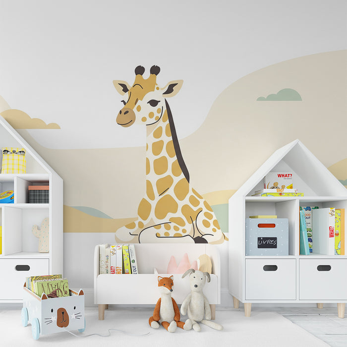 Babyzimmer Tapete | Niedliche Giraffe in einer sanften und beruhigenden Landschaft