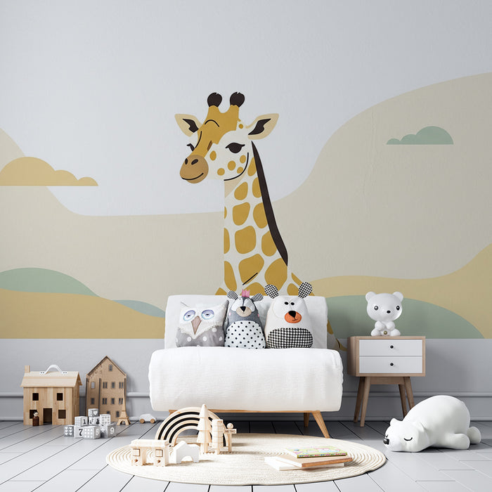 Babyzimmer Tapete | Niedliche Giraffe in einer sanften und beruhigenden Landschaft