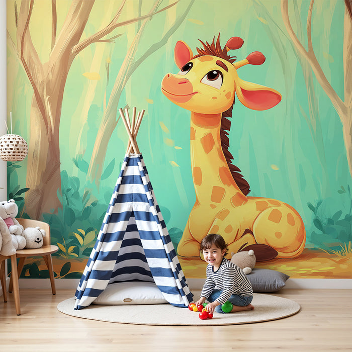 Nursery room wallpaper | Cute giraffe in an enchanted forest