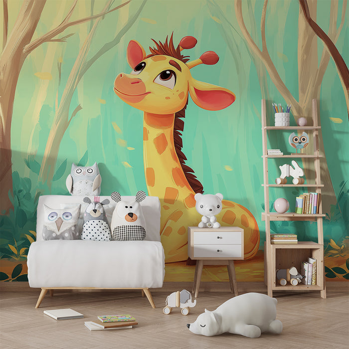Nursery room wallpaper | Cute giraffe in an enchanted forest