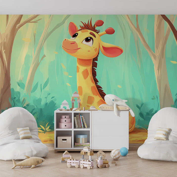 Nursery room wallpaper | Cute giraffe in an enchanted forest