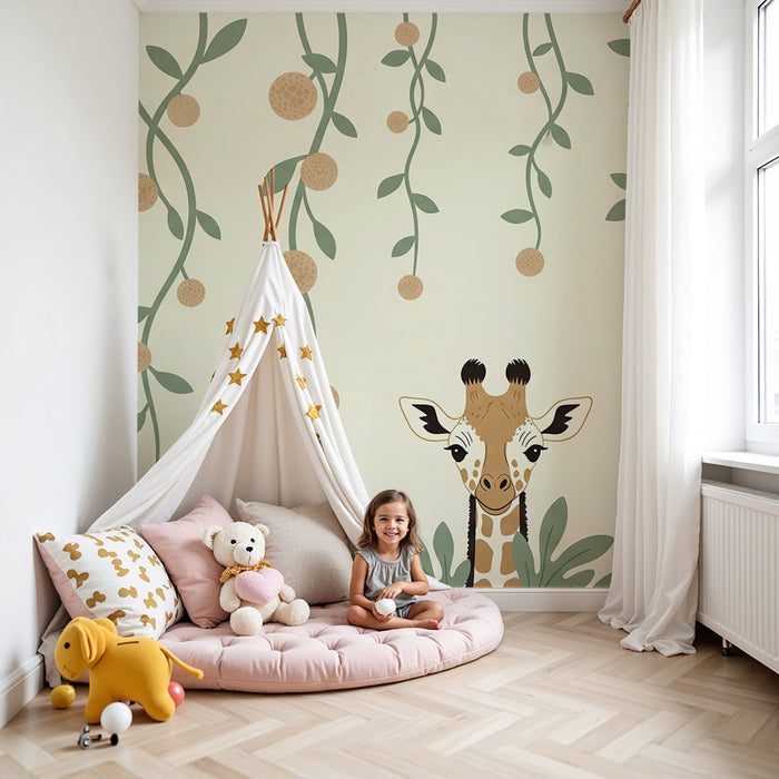 Papel de parede quarto bebê | Bonito girafa e folhagem tropical
