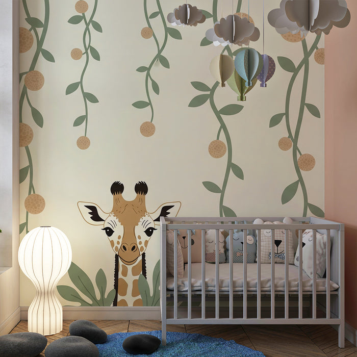 Papel de parede quarto bebê | Bonito girafa e folhagem tropical