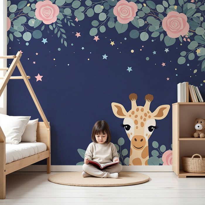 Papier de parede za bebe sobu | Simpatična žirafa i nježne ruže