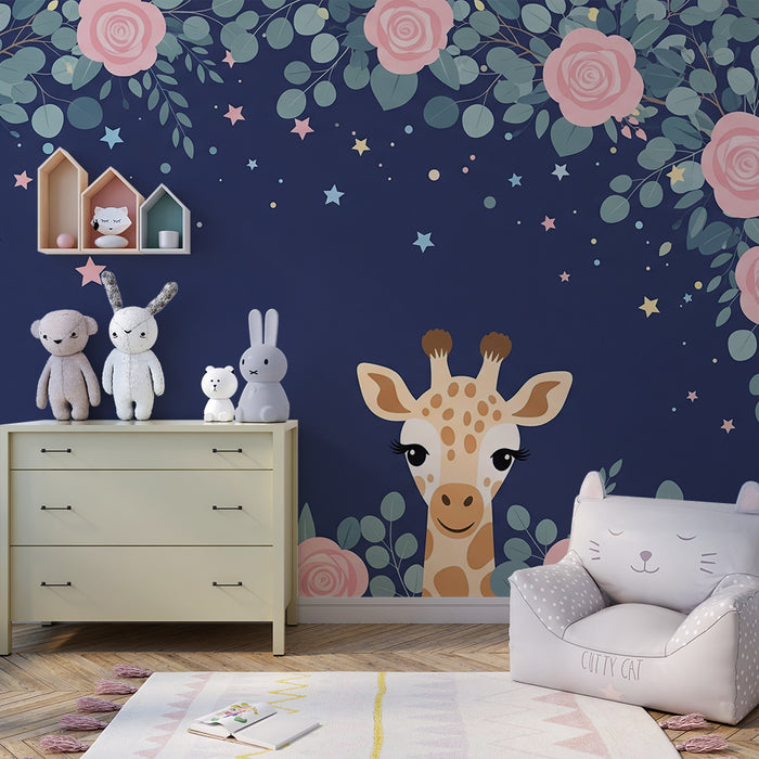 Papier de parede za bebe sobu | Simpatična žirafa i nježne ruže