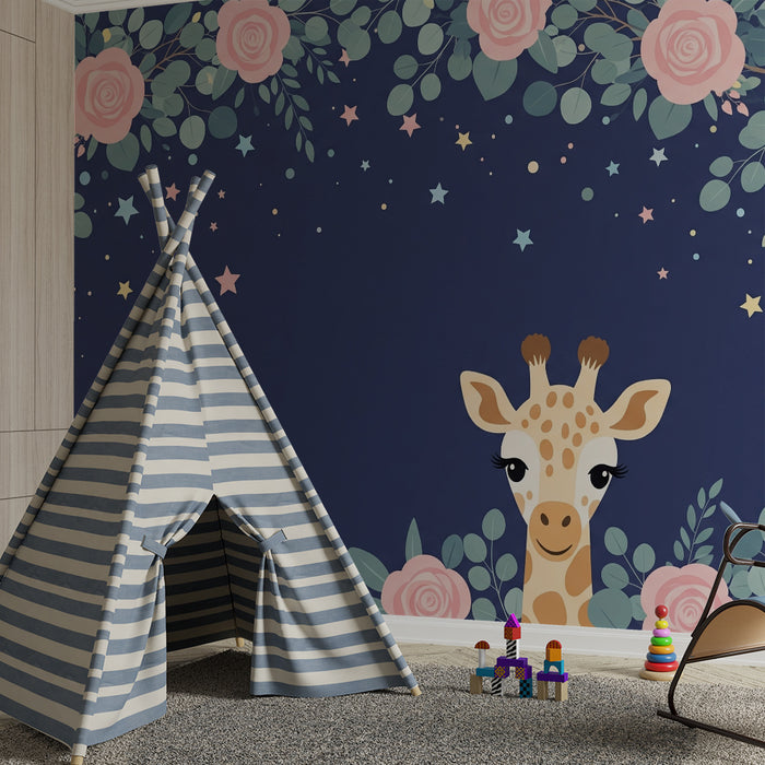 Papier de parede za bebe sobu | Simpatična žirafa i nježne ruže