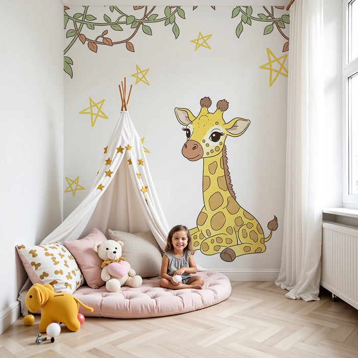 Papel de perete cameră bebeluși | Girafă drăguță sub stele
