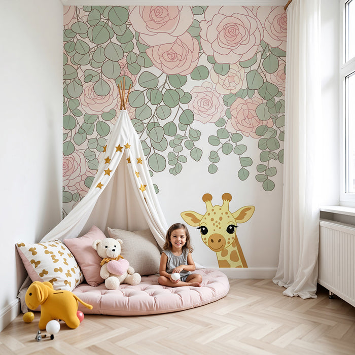 Papel de parede quarto bebê | Girafa fofinha sob as rosas