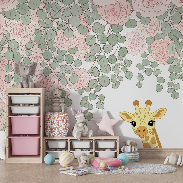Papel de parede quarto bebê | Girafa fofinha sob as rosas