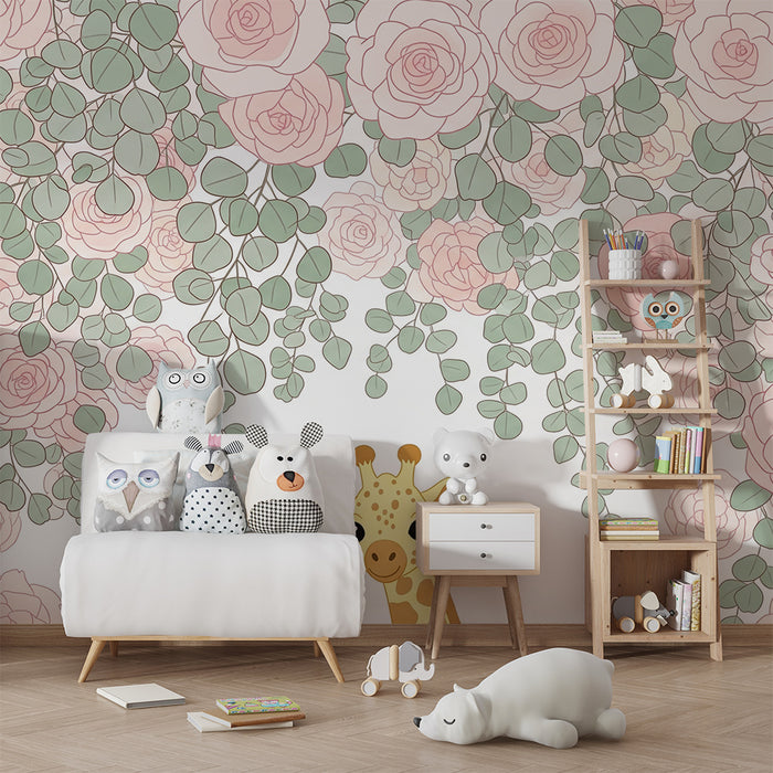 Papel de parede quarto bebê | Girafa fofinha sob as rosas