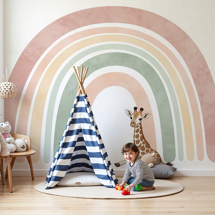 Nursery room wallpaper | Cute giraffe under a pastel rainbow