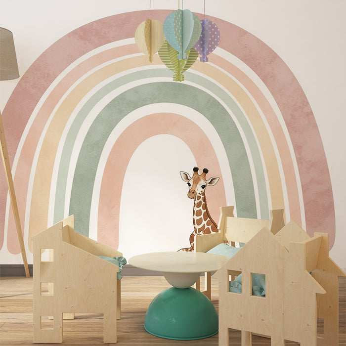 Nursery room wallpaper | Cute giraffe under a pastel rainbow