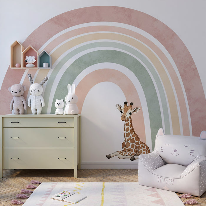 Nursery room wallpaper | Cute giraffe under a pastel rainbow