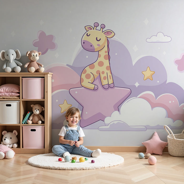 Nursery room wallpaper | Cute giraffe on a star among pastel clouds
