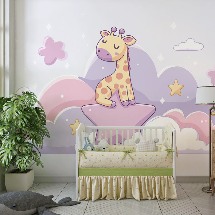Nursery room wallpaper | Cute giraffe on a star among pastel clouds