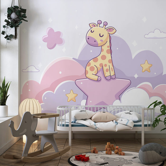 Nursery room wallpaper | Cute giraffe on a star among pastel clouds