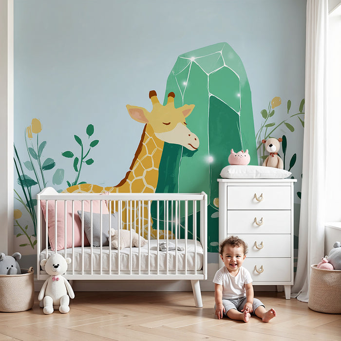 Nursery room wallpaper | Peaceful giraffe and crystal in an enchanting garden