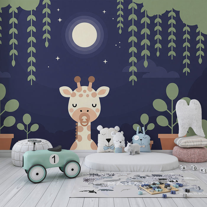 Papier peint chambre bébé | Girafe paisible sous la lune