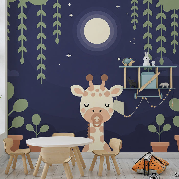 Papier peint chambre bébé | Girafe paisible sous la lune