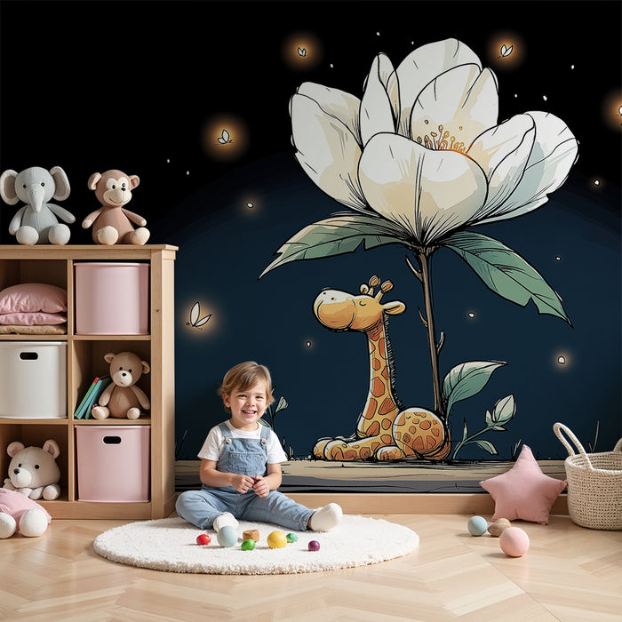 Nursery room wallpaper | Peaceful giraffe under a vibrant flower