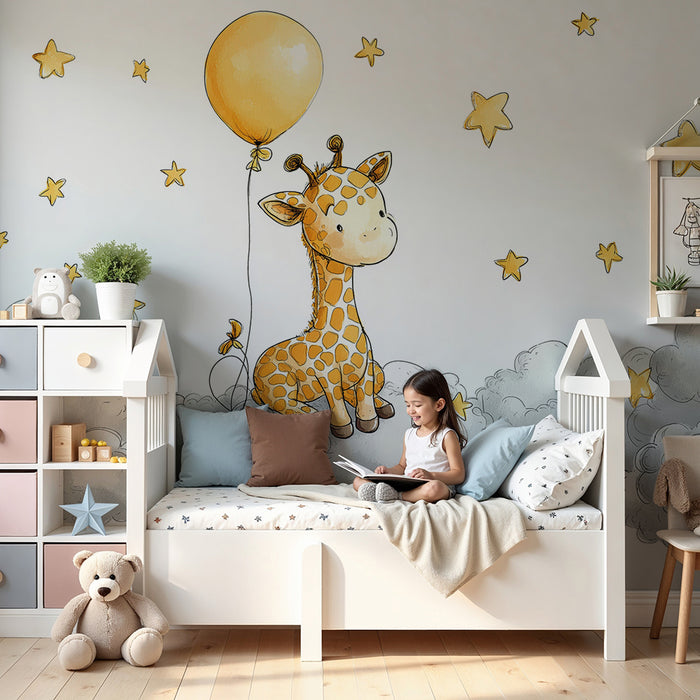 Nursery room wallpaper | Dreamy giraffe with balloon and golden stars in the clouds