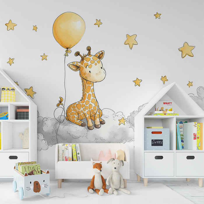 Nursery room wallpaper | Dreamy giraffe with balloon and golden stars in the clouds