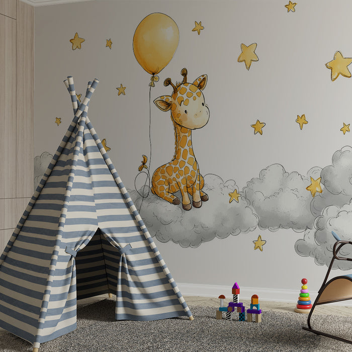 Nursery room wallpaper | Dreamy giraffe with balloon and golden stars in the clouds