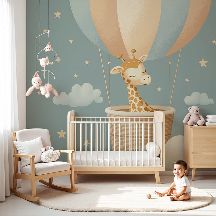 Χαρτί τοίχου για το δωμάτιο του μωρού | Ένα ονειρεμένο τριαντάφυλλο σε έναν αερόστατο μέσα από τα σύννεφα