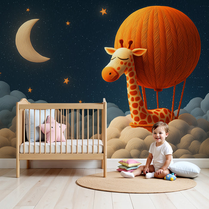 Lastenhuoneen tapetti | Unelmoiva kirahvi tähtitaivaalla ilmapallolla