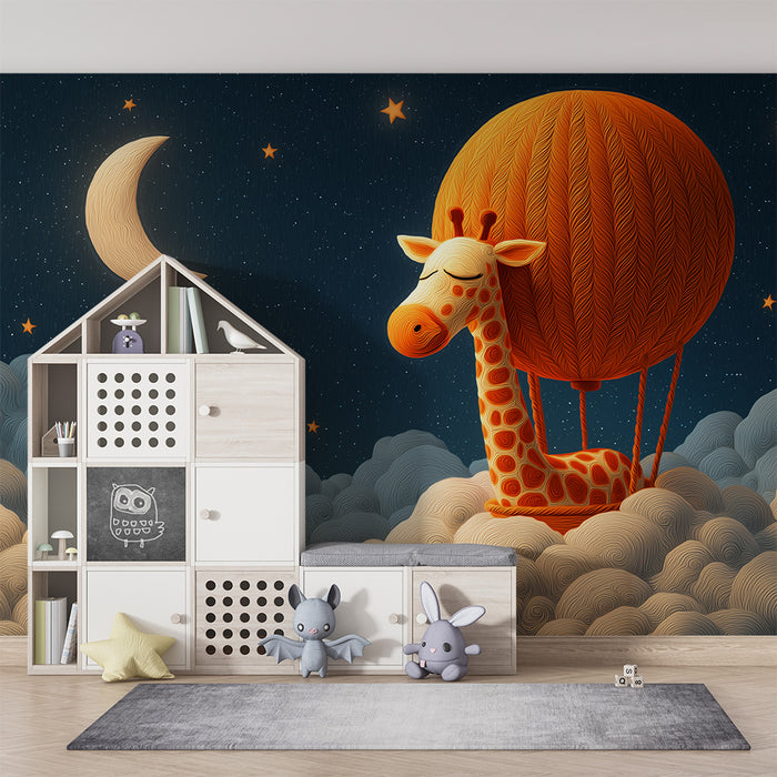 Lastenhuoneen tapetti | Unelmoiva kirahvi tähtitaivaalla ilmapallolla