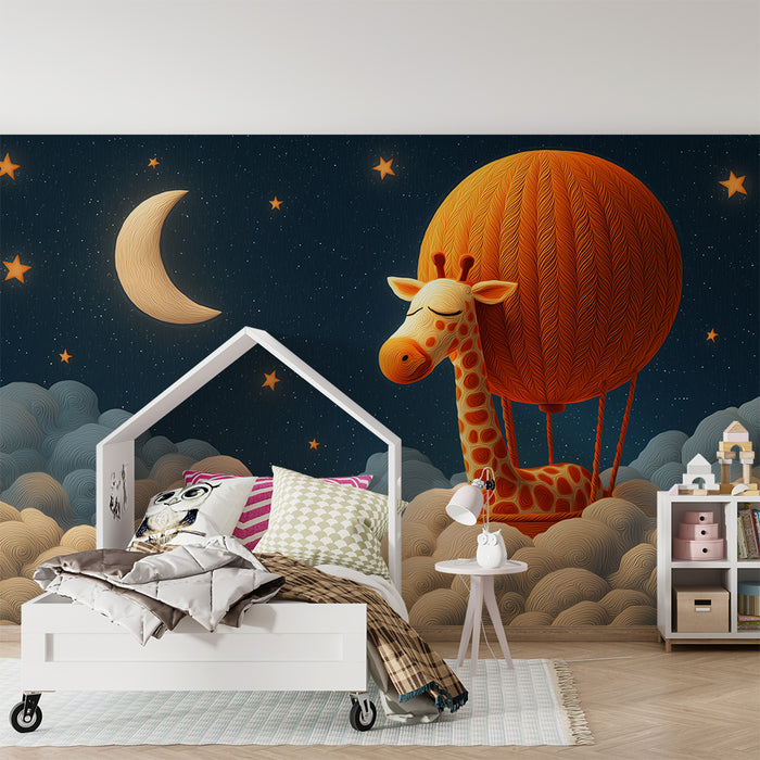 Lastenhuoneen tapetti | Unelmoiva kirahvi tähtitaivaalla ilmapallolla