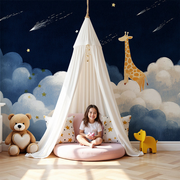 Papel de parede quarto bebê | Girafa sonhadora entre nuvens estreladas