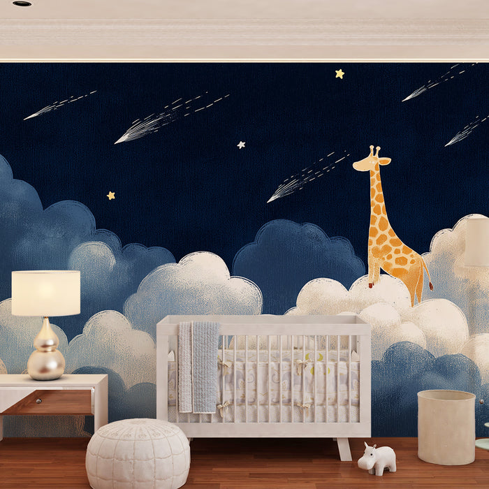Papel de parede quarto bebê | Girafa sonhadora entre nuvens estreladas
