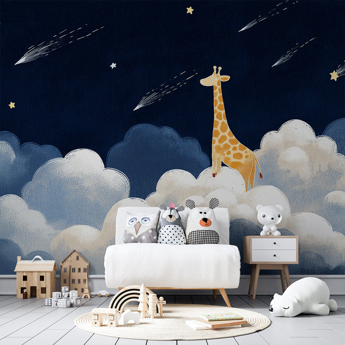 Papel de parede quarto bebê | Girafa sonhadora entre nuvens estreladas