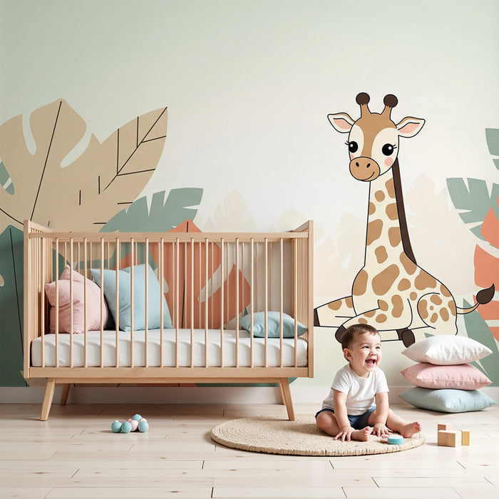 Nursery room wallpaper | Funny giraffe surrounded by tropical foliage